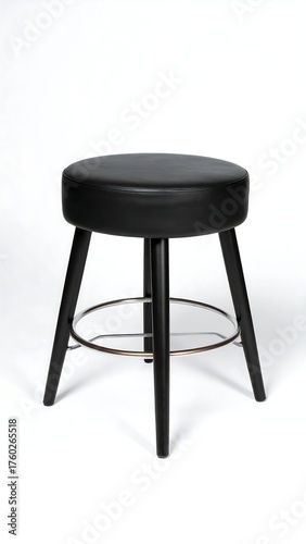 Black leather stool with wooden legs