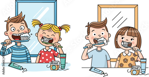 Children brushing teeth together, kids morning routine illustration, dental hygiene and oral care education concept promoting healthy habits and cleanliness