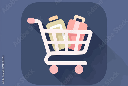 Shopping cart contains various colorful product packages on wheels indoors