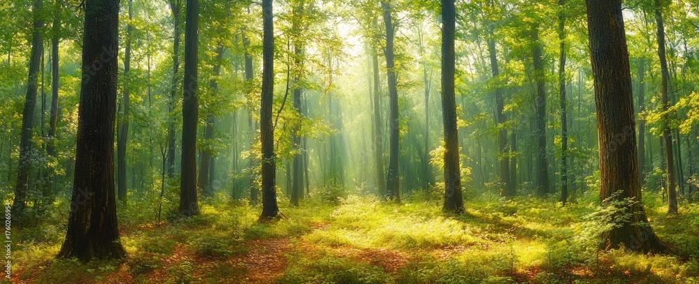 Obraz premium Sunlight beams filtering through tall green trees in a peaceful forest with a lush ground covered in foliage and soft shadows
