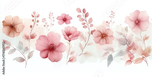 Delicate watercolor painting of pink and peach flowers with soft leaves and stems on a light background conveying calm and elegance