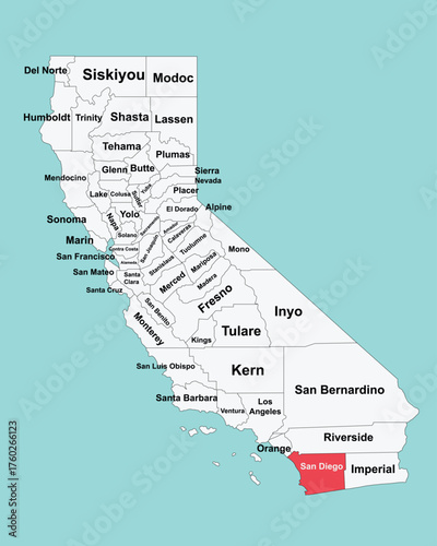 Flat California map featuring counties and highlighted San Diego area. Perfect for education, geography, travel guides, and modern infographic use.
