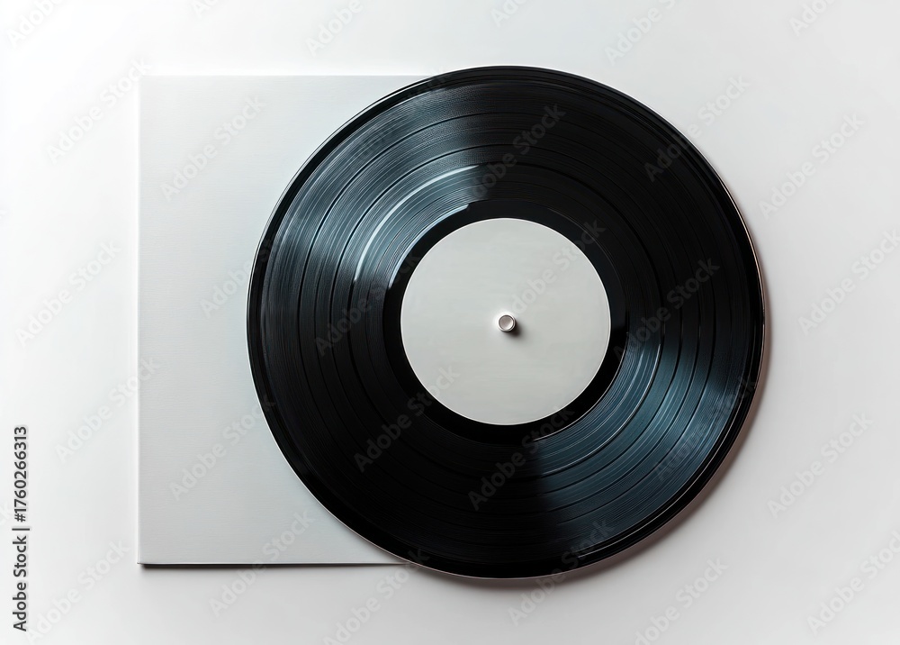 Obraz premium Close-up view of a black vinyl record with grooves placed on top of a plain white square sleeve against a white background