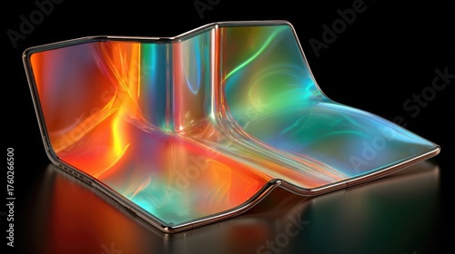 Stunning futuristic foldable smartphone displays vibrant iridescent abstract art, symbolizing next-gen mobile technology and innovative design for modern digital experiences.