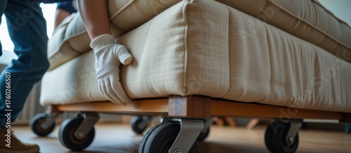 House moving service concept. Person moving a sofa on wheels in a bright indoor setting.