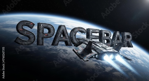 Metallic spacebar Text and Futuristic Spaceship Soaring Above Earths Atmosphere