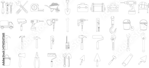 Outline Illustration of Construction Tools and Equipment for Building and Renovation Projects Line Icon Set 