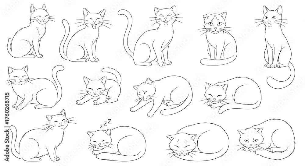 Fototapeta premium Collection Of Stylized Cat Silhouettes In Various Poses Isolated on Transparent Background