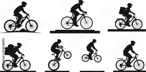 Bicycle silhouette vector, cycling illustration, mountain bike, road bike, delivery rider, wheelie trick, commuting, sport, transportation, active lifestyle