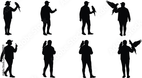 Photos Bird interaction silhouette set, people with parrots, pet bird vector, avian car