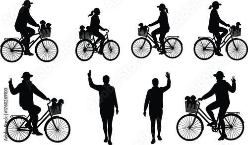 Black silhouette illustration, people with pets, outdoor activity, vector design, lifestyle concept, motion pose, minimal style, stock artwork