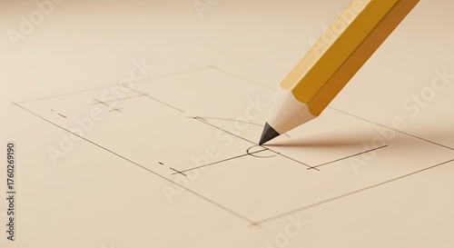 A yellow pencil drawing precise lines and an arc on a piece of paper, creating a technical diagram or blueprint.