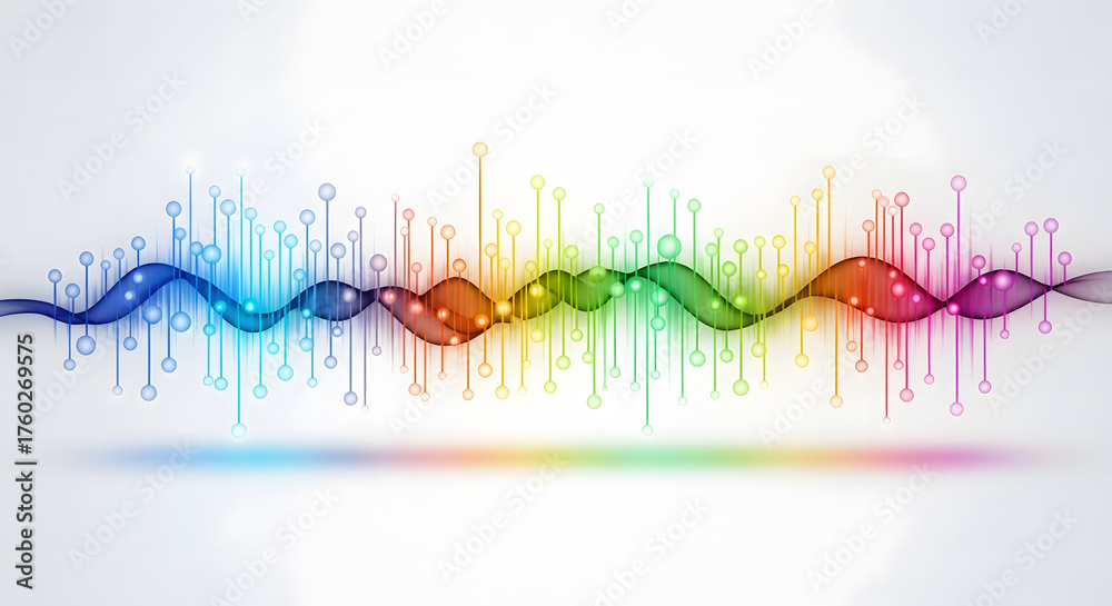 Naklejka premium Abstract visualization of a colorful sound wave with digital elements and light effects.