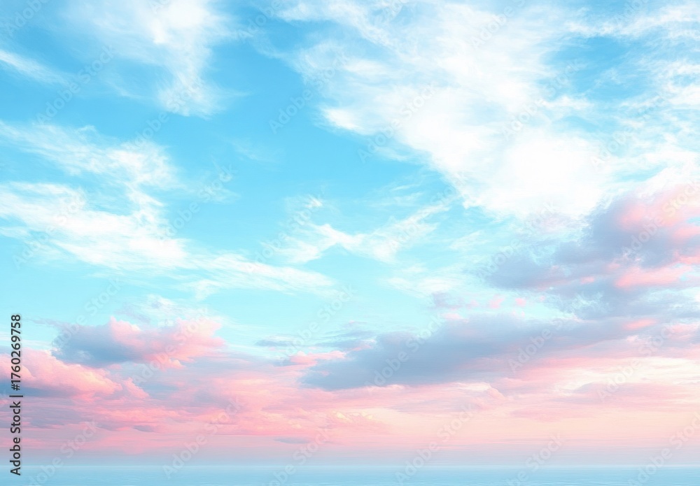 Fototapeta premium Vibrant sky at sunset with soft pink and blue clouds over a calm horizon, evoking tranquility and peacefulness