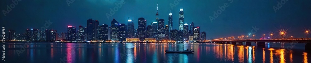 Obraz premium Sleek Modern Cityscape at Night Reflecting Lights of Busy Office Buildings, Representing the Vibrant Energy of Urban Business and Travel. Ideal for Travel and Corporate Marketing.
