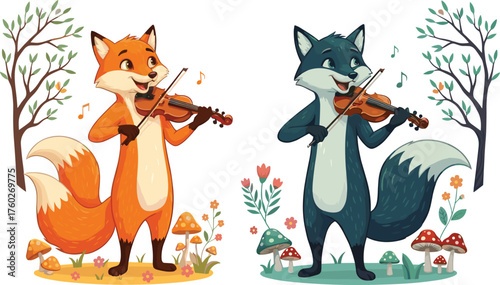 Cute cartoon foxes playing violins in forest, musical animals illustration, woodland concert scene, happy animal musicians surrounded by trees and mushrooms