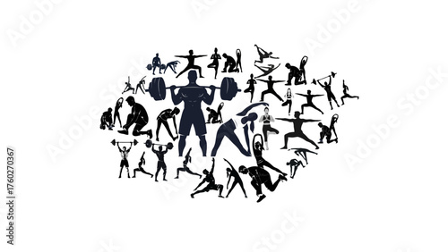 Circular Fitness Collage: Strong Man Weightlifting Centerpiece Surrounded by Yoga and Bodybuilding Poses, Health and Strength Concept Vector Graphic