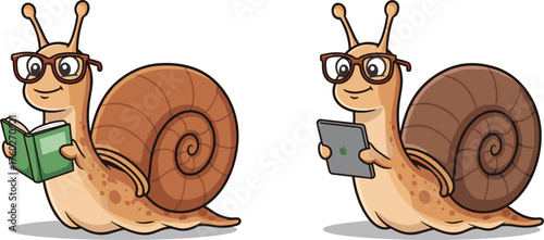 Cute cartoon snail reading book and using tablet, smart animal character design, funny education concept illustration, adorable study snail vector