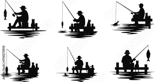 Fishing silhouette with cat, peaceful dock scene, tranquil nature moment, black vector art, relaxing outdoor activity, animal companionship illustration