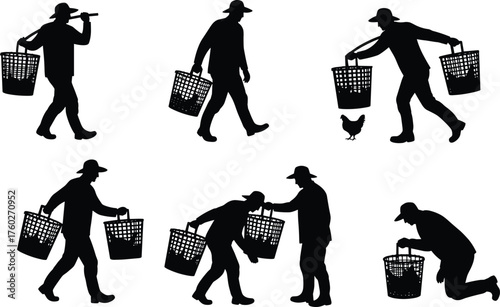 Farmer silhouette with baskets, harvesting action, rural lifestyle, black vector illustration, agriculture concept, traditional work, village scene, chicken nearby