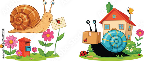 Cute cartoon snails delivering letters and packages, funny mail snail illustration, adorable postal animal characters in colorful garden scene