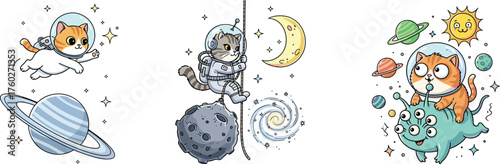 Cute cats in astronaut suits exploring planets, moon, and galaxy, funny space adventure cartoon, adorable cosmic animal vector illustration