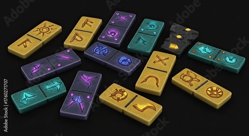 A collection of mystical domino-like tiles with various runic and magical symbols in gold, purple, and teal colors.