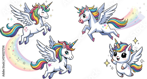 Cute flying unicorn cartoon illustration, magical rainbow pony fantasy design, adorable fairytale creature, kawaii mythical animal vector art