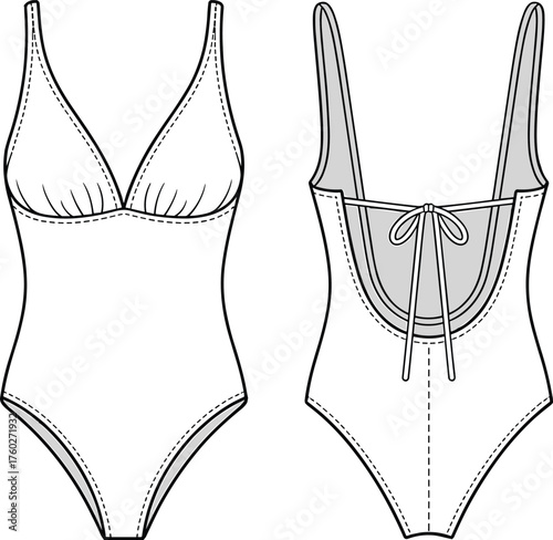 One piece swimsuit fashion flat, technical apparel vector, CAD drawing illustration, deep V neckline, scoop back, tie detail, garment design