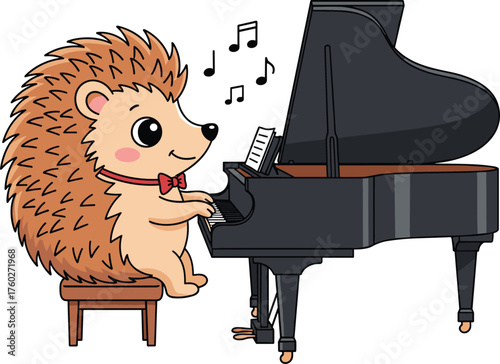 Cute hedgehog playing piano, cartoon animal musician illustration, adorable music character art, funny wildlife performer vector, creative musical drawing