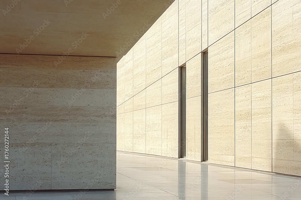 Fototapeta premium Minimalist modern architectural exterior with smooth large stone panels and reflective polished floor in bright natural light