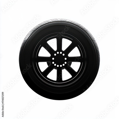 black car tire with multi-spoke alloy wheel viewed from the front on white background