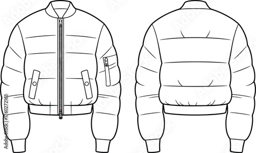Puffer bomber jacket front and back view, winter outerwear fashion design, down coat illustration, cad drawing flat vector illustration