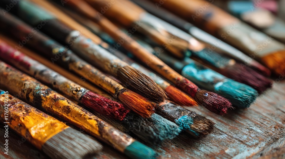 Obraz premium Set of accessories for painting with brushes and paints concept. A close-up of colorful, well-used paintbrushes on a wooden table.