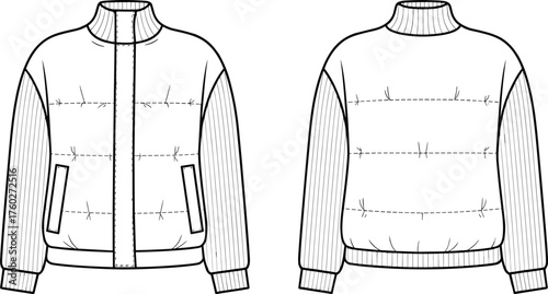Puffer jacket and sweatshirt front view flat sketch, fashion technical drawing with ribbed sleeves and collar, cad drawing flat vector illustration