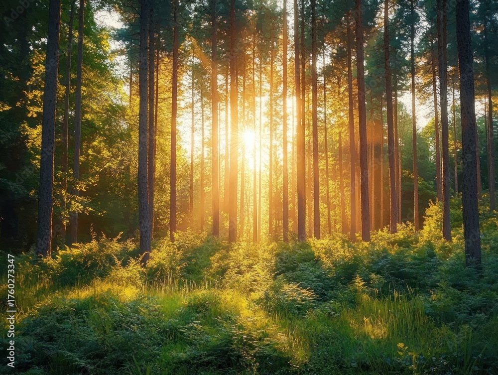 Obraz premium Golden sunlight streaming through tall pine trees in a dense green forest during early morning creating a warm and peaceful atmosphere