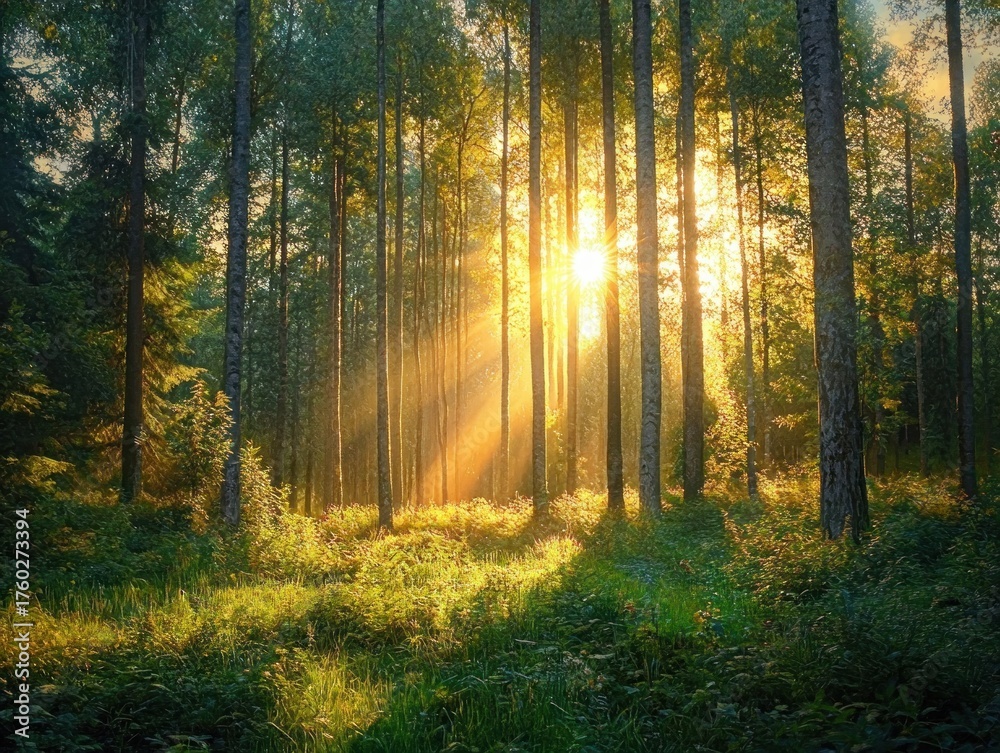 Obraz premium Sunlight streaming through tall, slender trees in a dense forest with lush green undergrowth during golden hour
