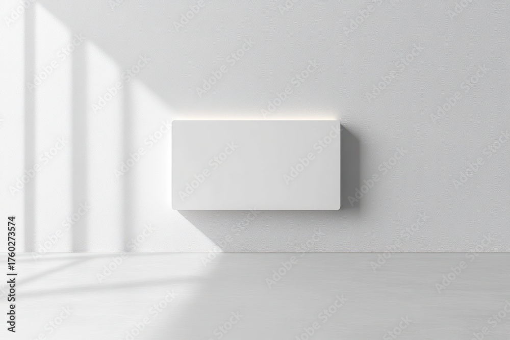 Fototapeta premium Minimalist interior with a modern white rectangular panel mounted on a textured white wall casting soft shadow and light from window blinds