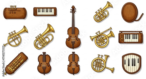 Musical instruments collection: trumpets, violins, keyboard, french horn, and more.