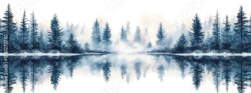 Calm misty lake surrounded by evergreen trees reflected in still water creating a serene and tranquil atmosphere