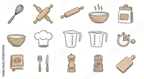 A collection of hand-drawn illustrations of various baking and cooking utensils and ingredients.