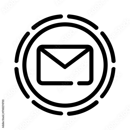 Black email envelope icon inside a dotted circle, great for digital communication concepts, technology websites, apps, and business presentations.
