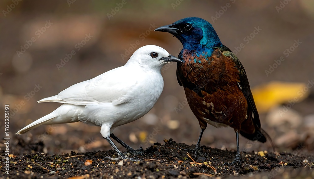 Fototapeta premium Two vibrant birds of contrasting colors stand close on ground
