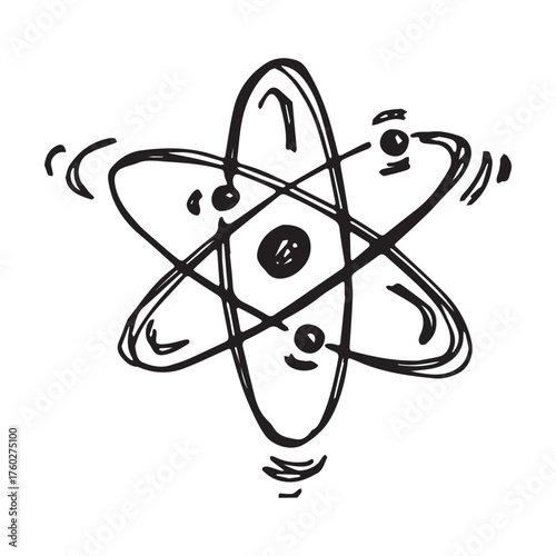 Hand drawn atom sign Molecule clipart in doodle style Single element for print, web, design, decor Symbol of science, education, nuclear energy, scientific research, molecular chemistry