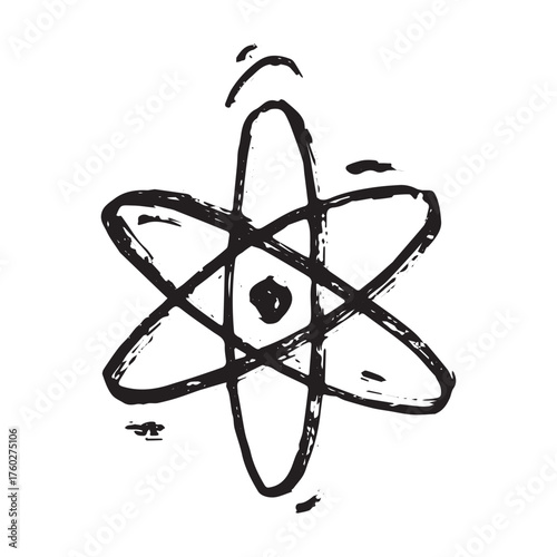 Hand drawn atom sign Molecule clipart in doodle style Single element for print, web, design, decor Symbol of science, education, nuclear energy, scientific research, molecular chemistry