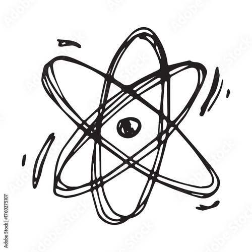 Hand drawn atom sign Molecule clipart in doodle style Single element for print, web, design, decor Symbol of science, education, nuclear energy, scientific research, molecular chemistry