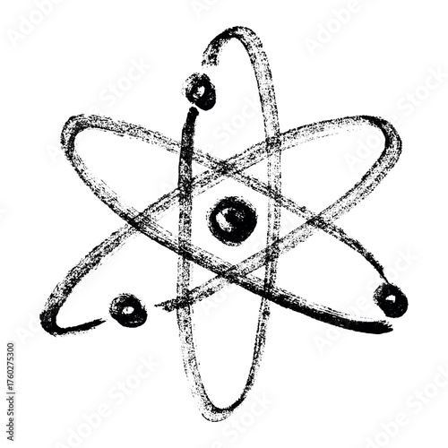 Hand drawn atom sign Molecule clipart in doodle style Single element for print, web, design, decor Symbol of science, education, nuclear energy, scientific research, molecular chemistry