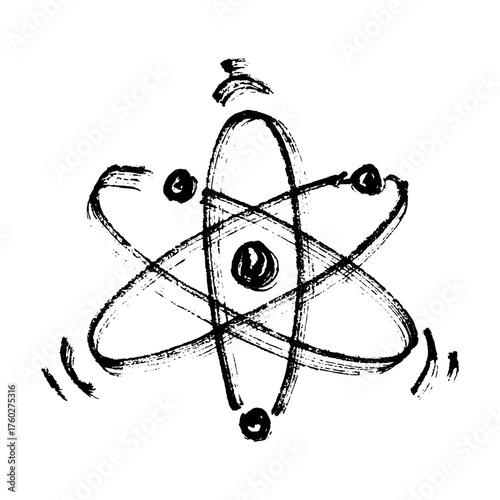 Hand drawn atom sign Molecule clipart in doodle style Single element for print, web, design, decor Symbol of science, education, nuclear energy, scientific research, molecular chemistry