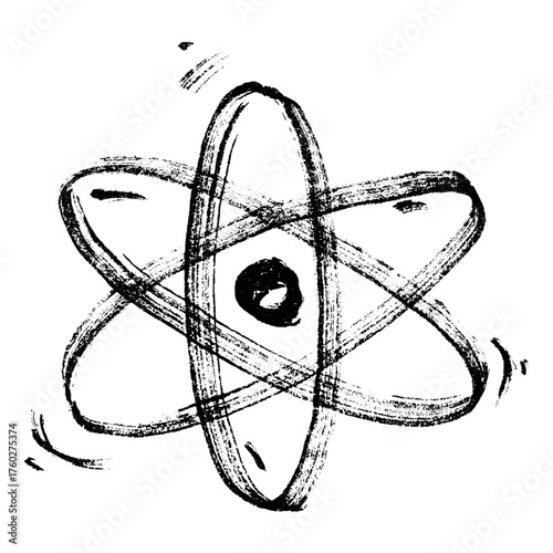 Hand drawn atom sign Molecule clipart in doodle style Single element for print, web, design, decor Symbol of science, education, nuclear energy, scientific research, molecular chemistry