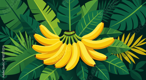 A Bunch of Ripe Yellow Bananas Surrounded by Lush Green Tropical Leaves and Foliage in a Vibrant Illustration